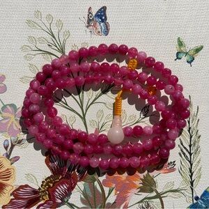Boho Pink Tourmaline Color Beads / Mala Necklace/ Hand knotted 108 Beads